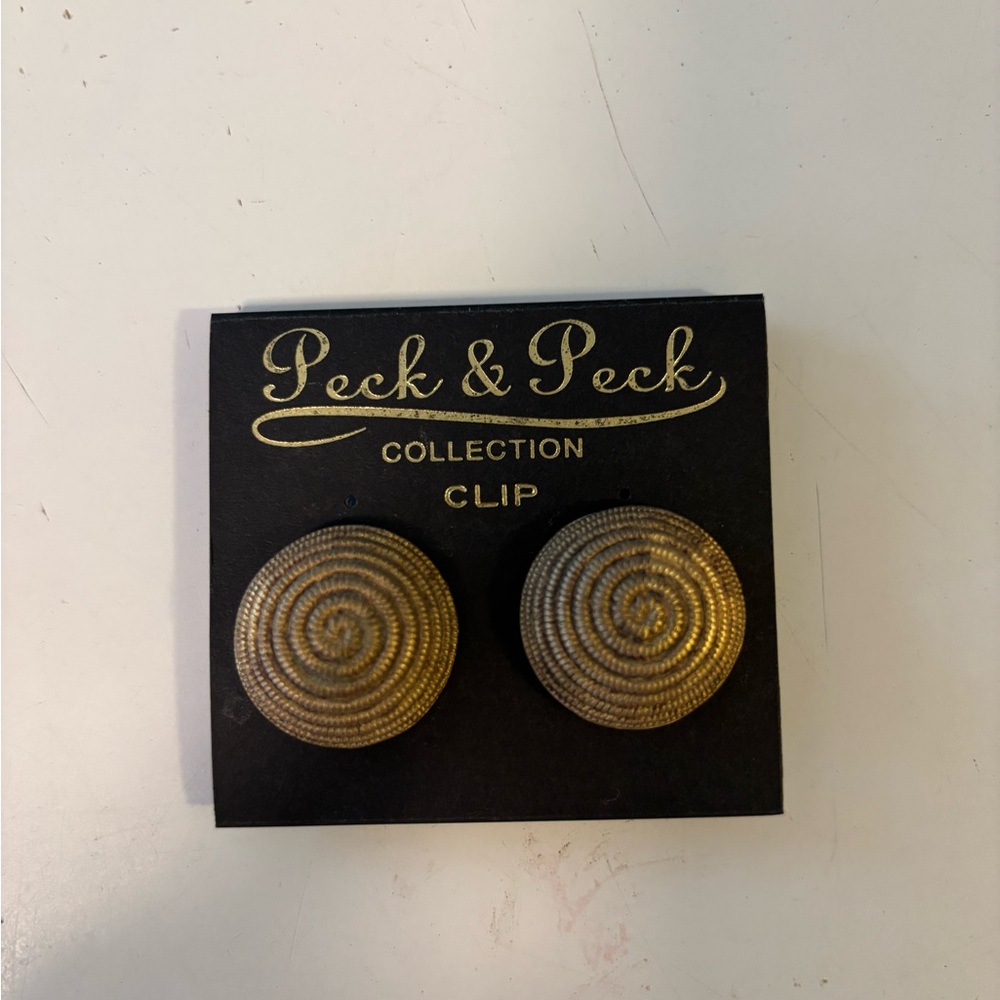Gold round clip Earrings jewelry spiral circle statement party travel gifts old